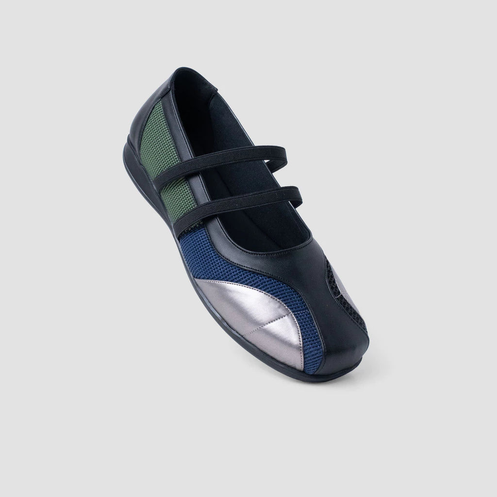 A black, blue and green Mary Jane style flat shoes by MKS Shoes with a flat sole and loop straps