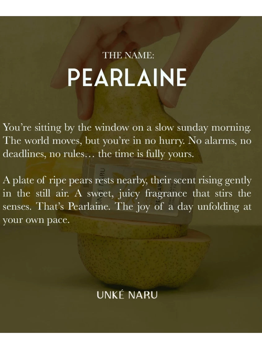 A story for Pearlaine perfume by Unke Naru with text and a sliced pear on a dark background