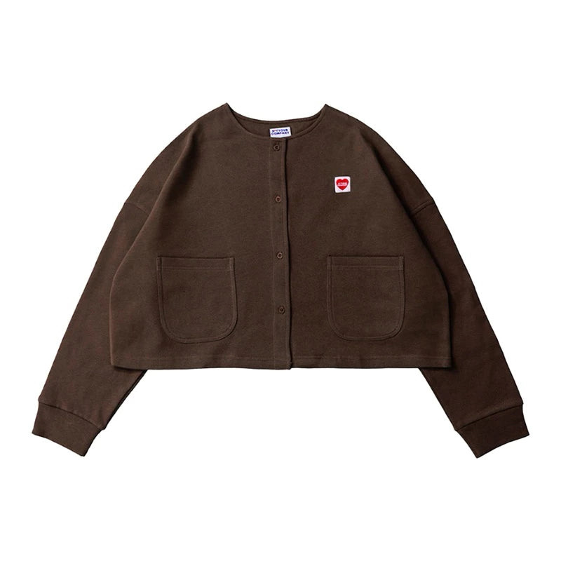 A brown cardigan with long sleeves, a round neckline, and front pockets laid out flat by notyourcompany on a plain background.