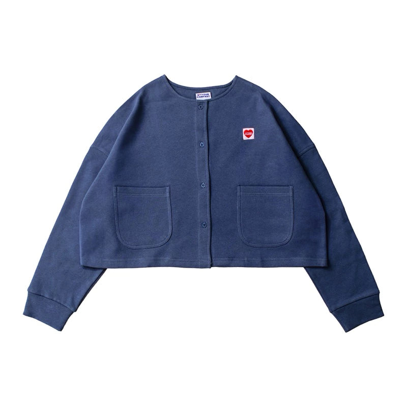 A dark blue cardigan with long sleeves, a round neckline, and front pockets laid out flat by notyourcompany on a plain background.