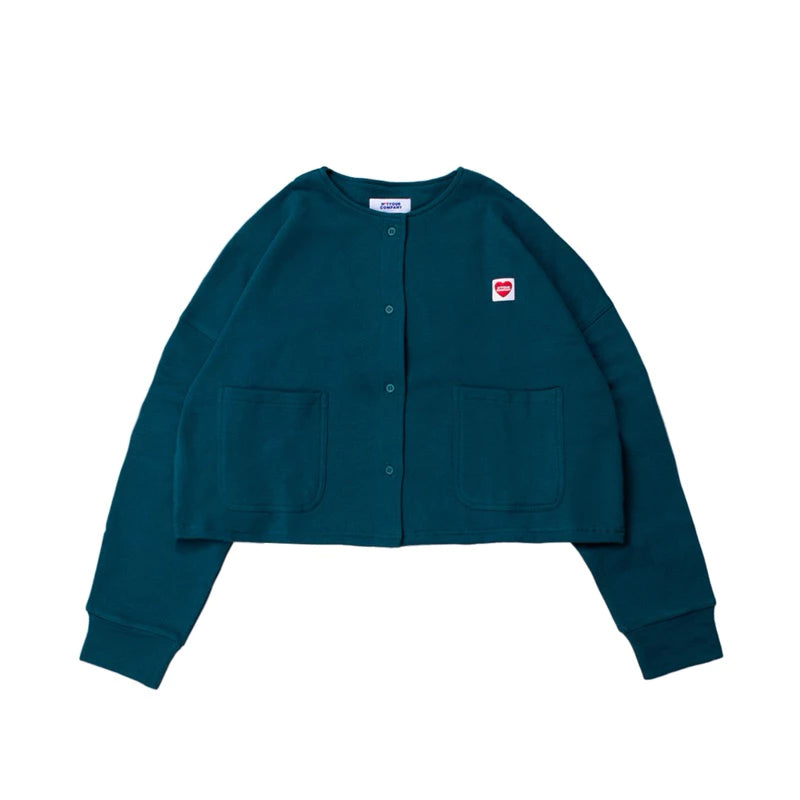 A teal cardigan with long sleeves, a round neckline, and front pockets laid out flat by notyourcompany on a plain background.