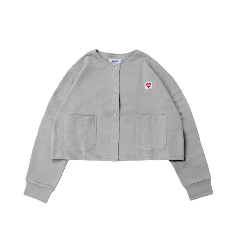 A grey cardigan with long sleeves, a round neckline, and front pockets laid out flat by notyourcompany on a plain background.
