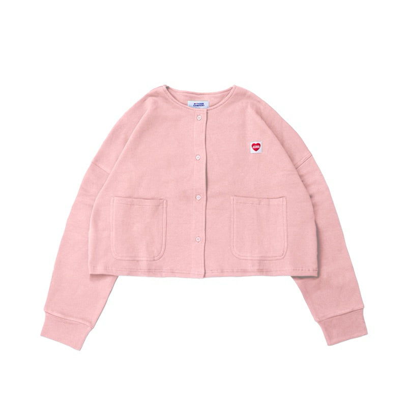 A pink cardigan with long sleeves, a round neckline, and front pockets laid out flat by notyourcompany on a plain background.