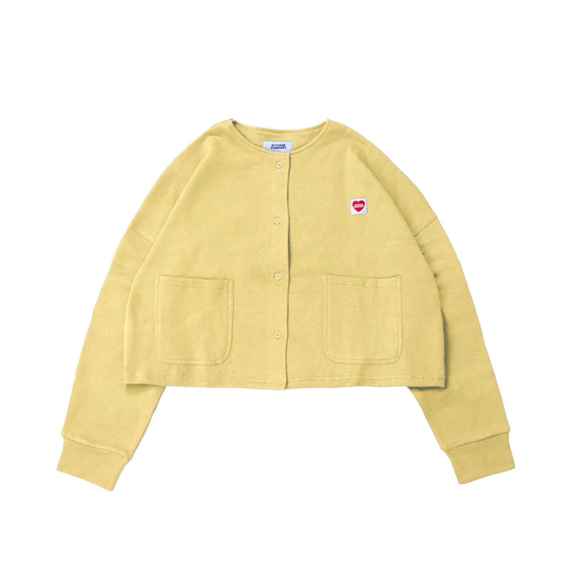 A yellow cardigan with long sleeves, a round neckline, and front pockets laid out flat by notyourcompany on a plain background.