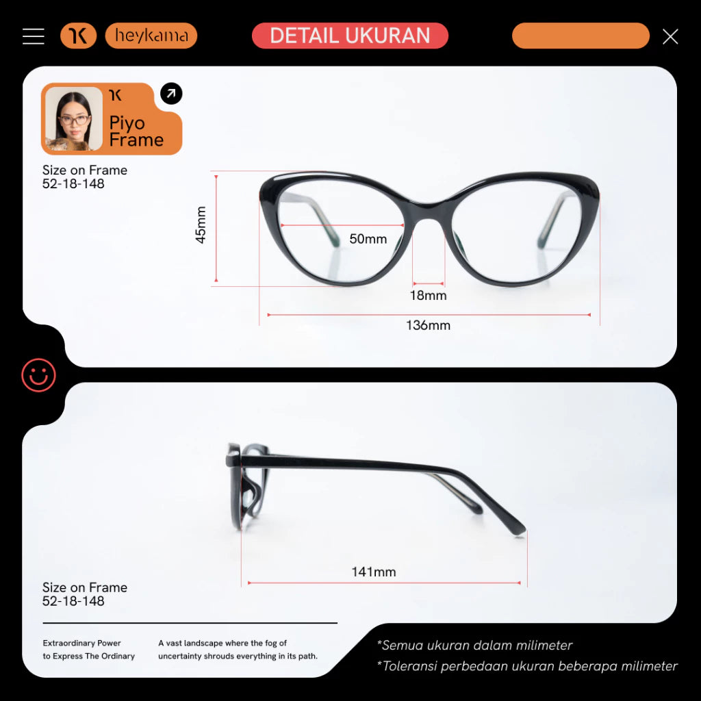 Piyo eyeglasses by Heykaman with dimensions displayed on a white background