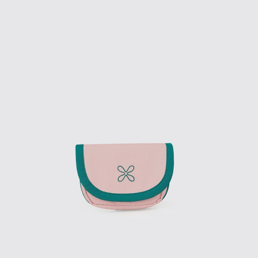 A compact card wallet with a light pink main color and green detailing, featuring a magnetic closure and additional card slots from Exsport.