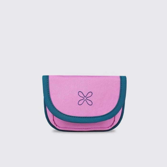A compact card wallet with a pink main color and blue detailing, featuring a magnetic closure and additional card slots from Exsport.