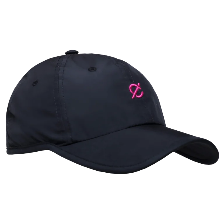Black poly hat with a pink logo on a white background