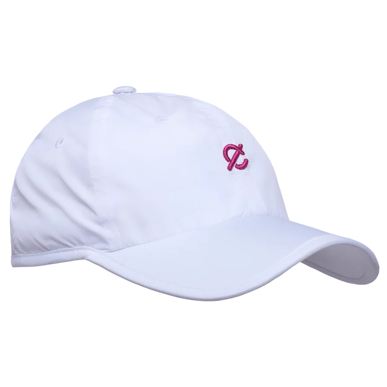 White poly hat with a pink logo on a white background