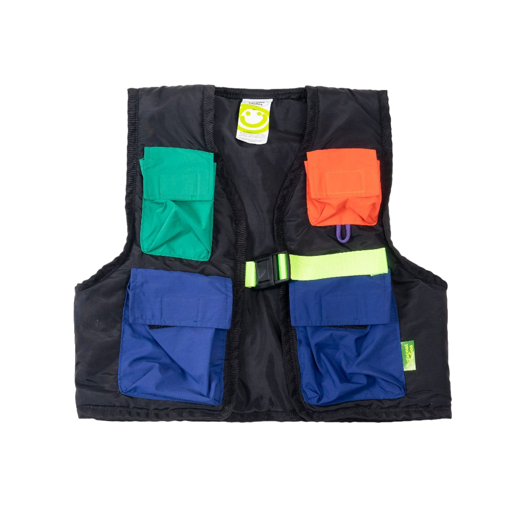 A black field vest with multiple colorful pockets and a visible brand tag, designed for children.