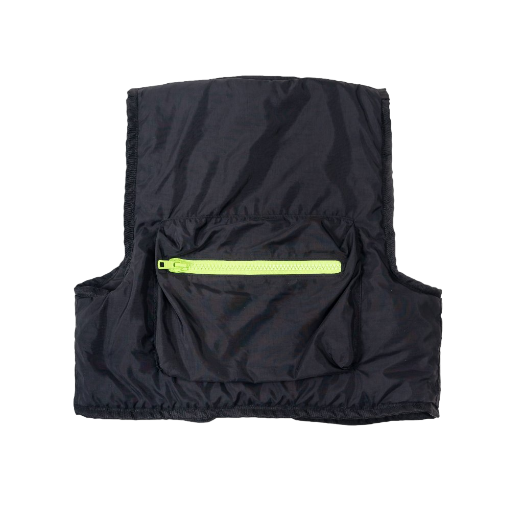 A back view of black Popsicle Field Vest from Sugacoat Studios with black lining and lime zipper