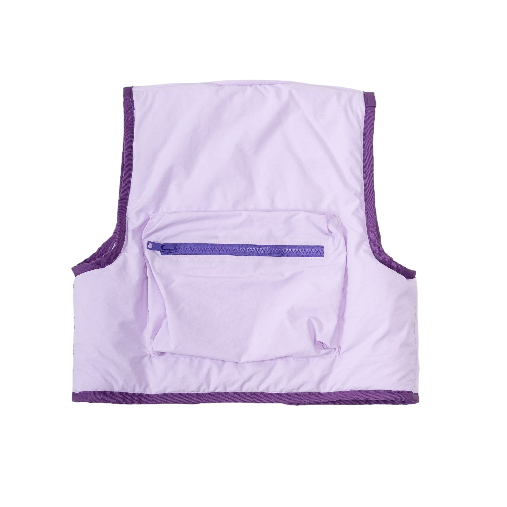 A back view of lilac Popsicle Field Vest from Sugacoat Studios with purple lining and zipper