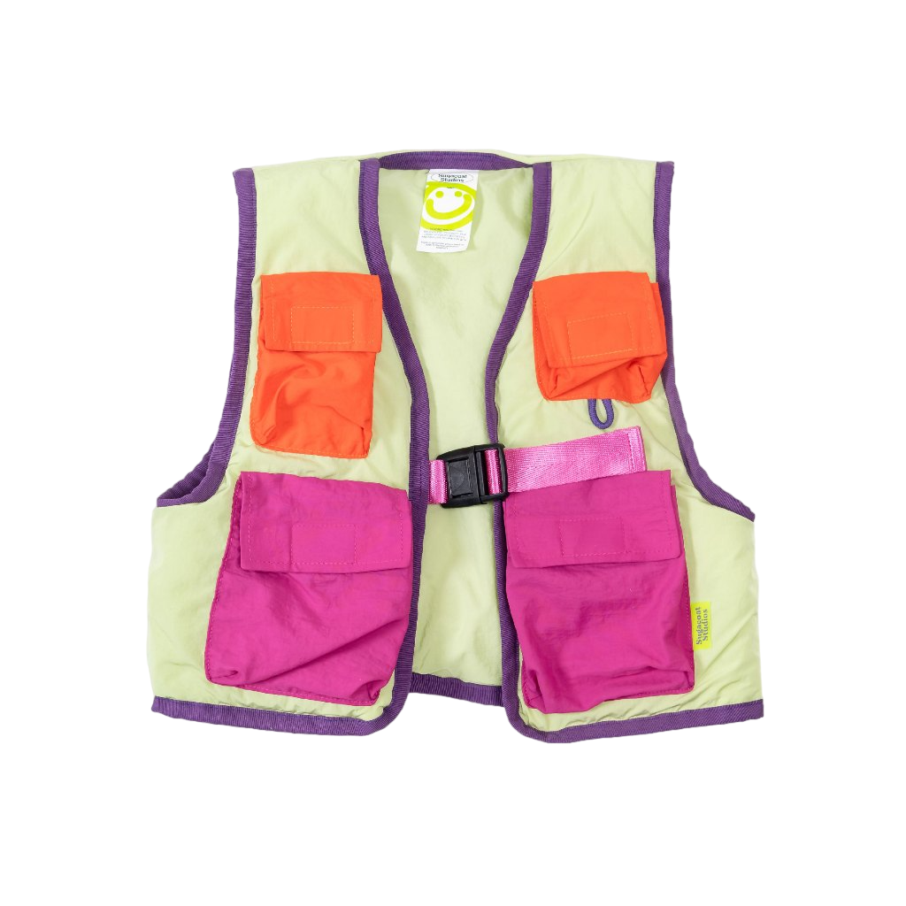 A lime field vest with multiple colorful pockets and a visible brand tag, designed for children.