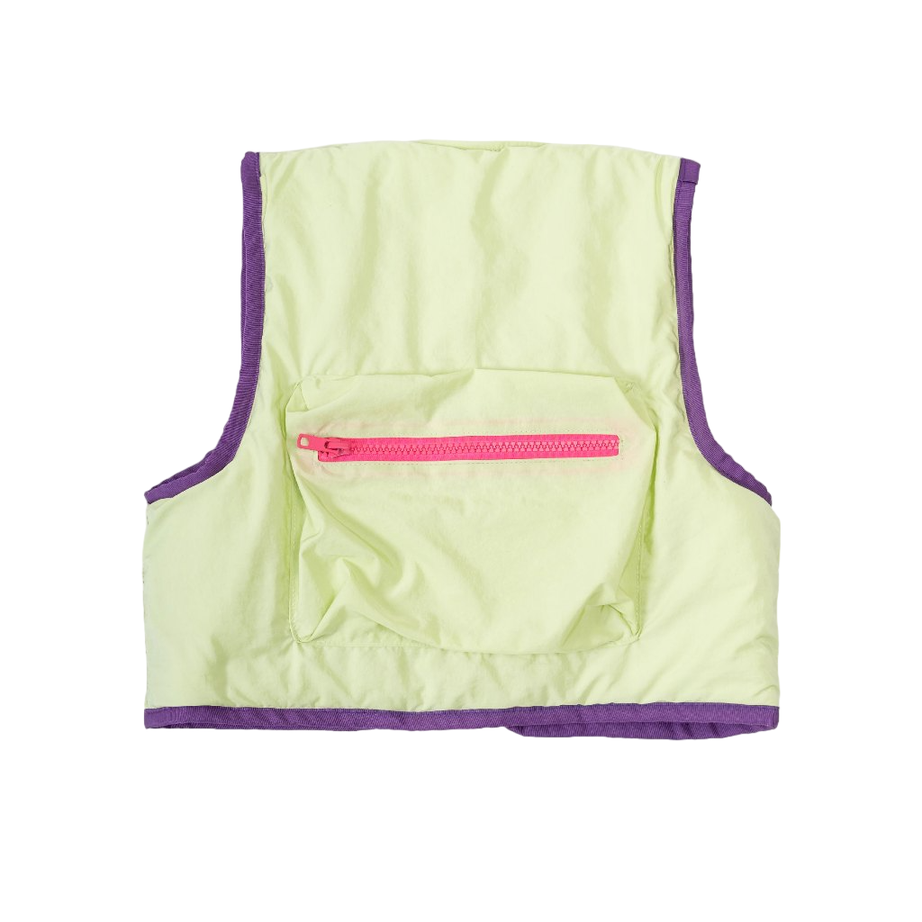 A back view of lime Popsicle Field Vest from Sugacoat Studios with purple lining and pink zipper