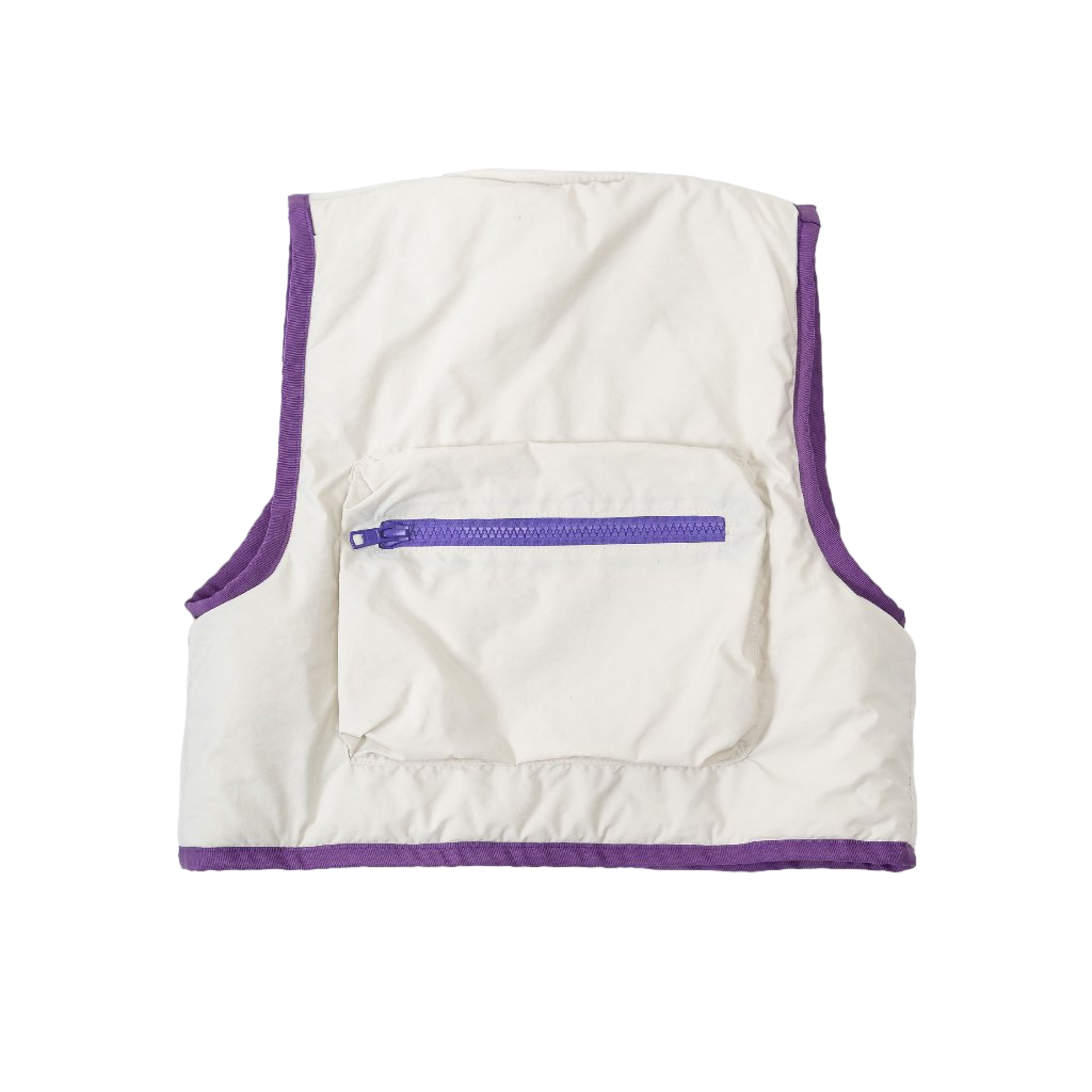 A back view of white Popsicle Field Vest from Sugacoat Studios with purple lining and zipper