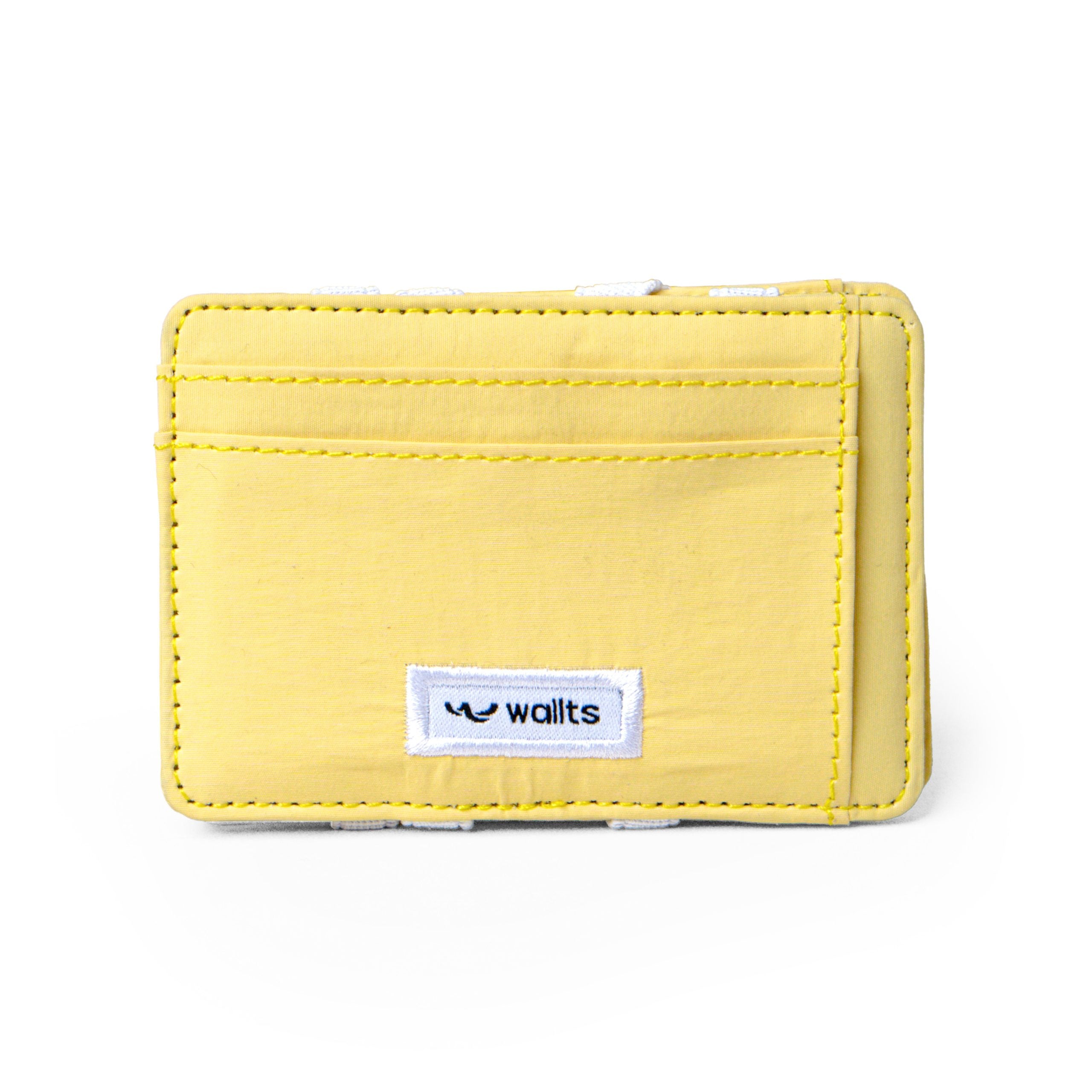 A yellow Wallts brand porta wallet with a front pocket and a label with the brand name on it.