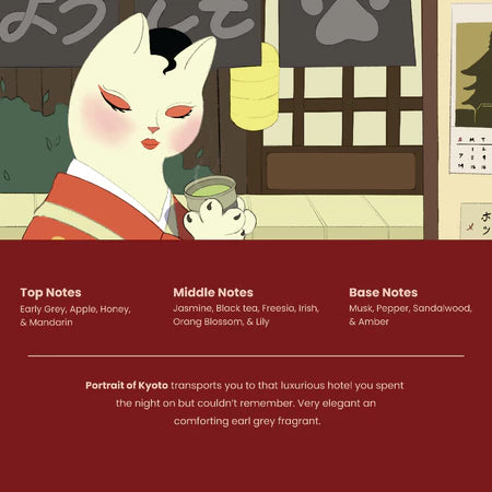 Packaging of Potrait Of Kyota perfume by The Body Tale with illustration of a cat in a kimono featuring a small dog, set against a traditional Japanese room background.