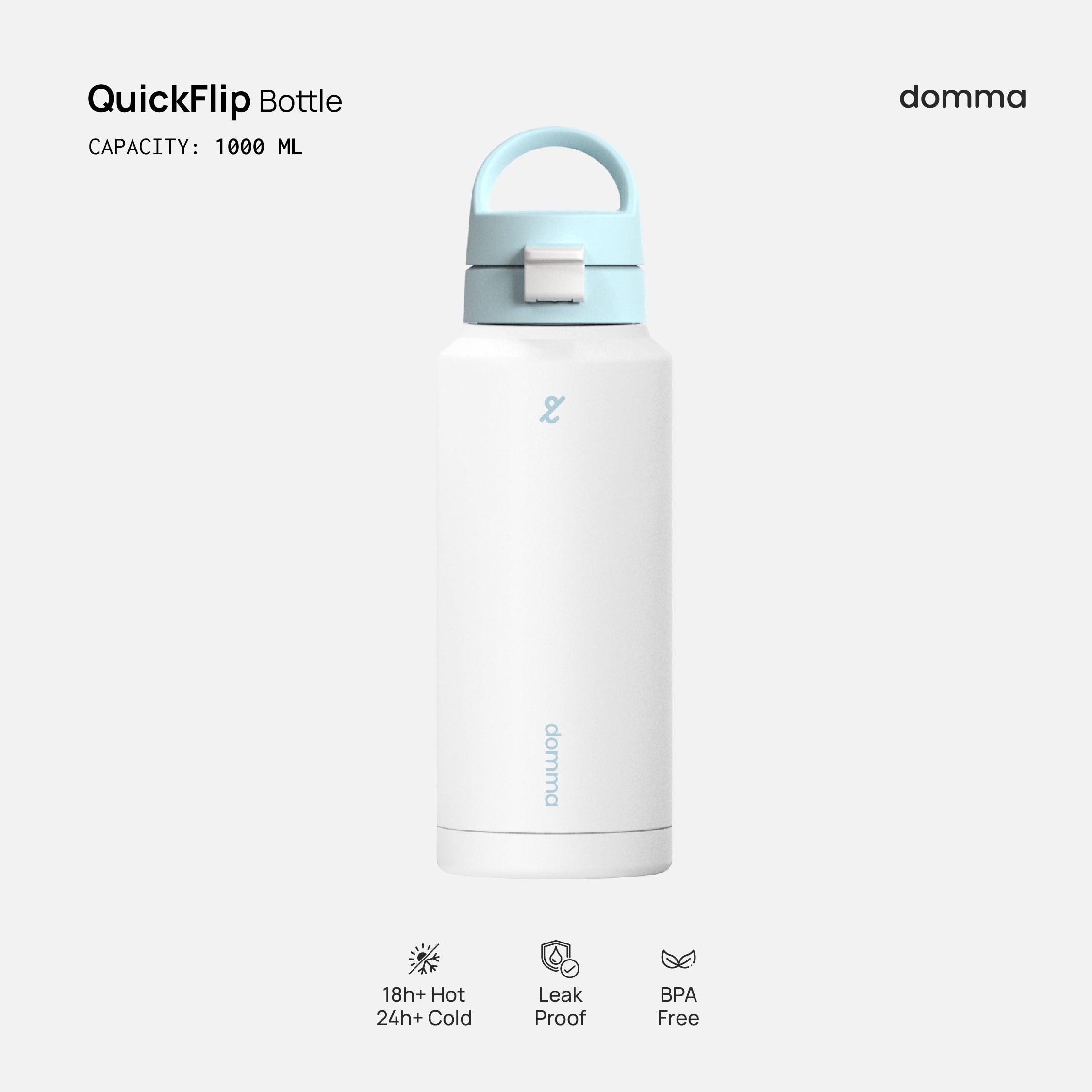 A white and light blue Domma Quick Flip 1000ml water bottle with a flip-top lid, marked as BPA free and suitable for hot and cold beverages.