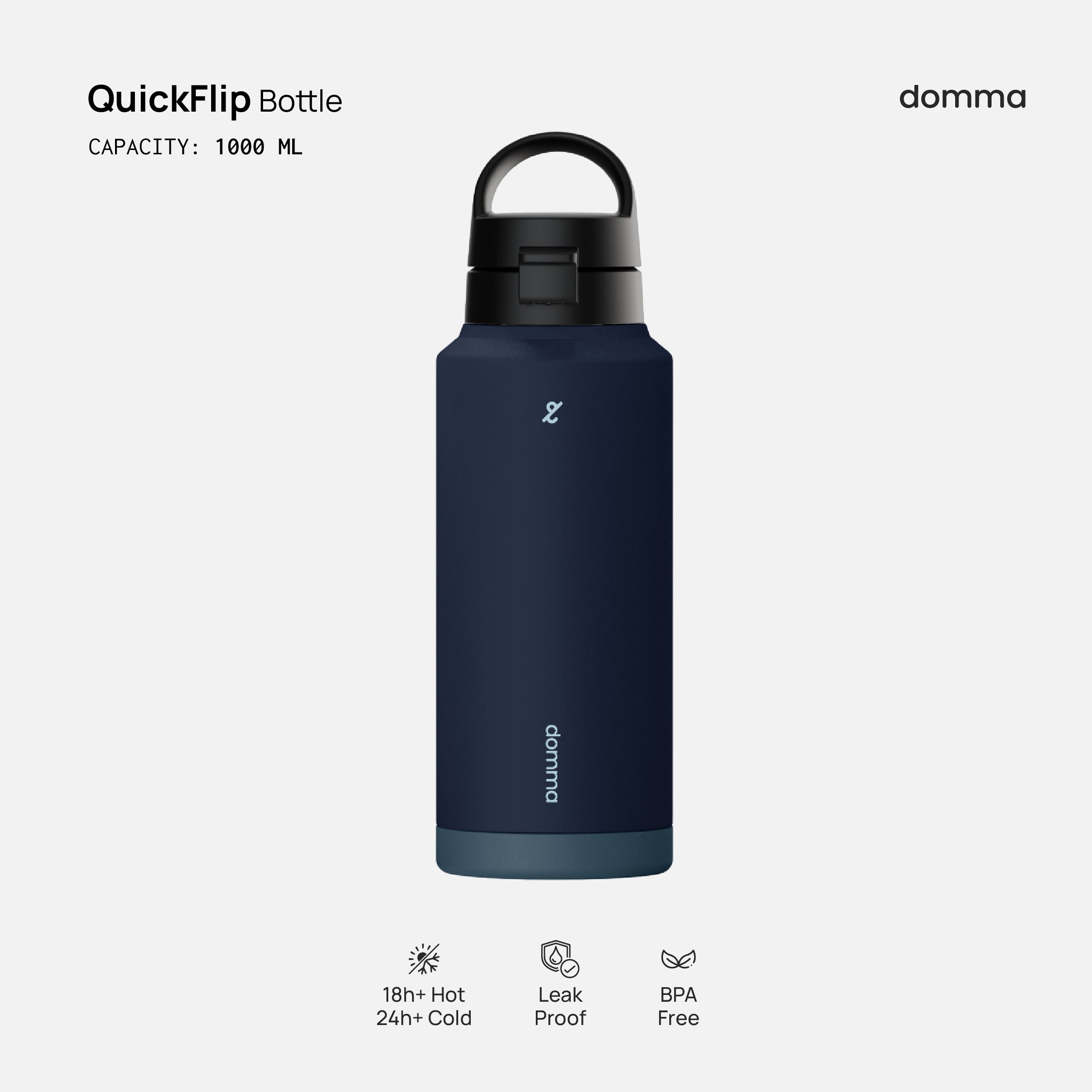 A navy and black Domma Quick Flip 1000ml water bottle with a flip-top lid, marked as BPA free and suitable for hot and cold beverages.