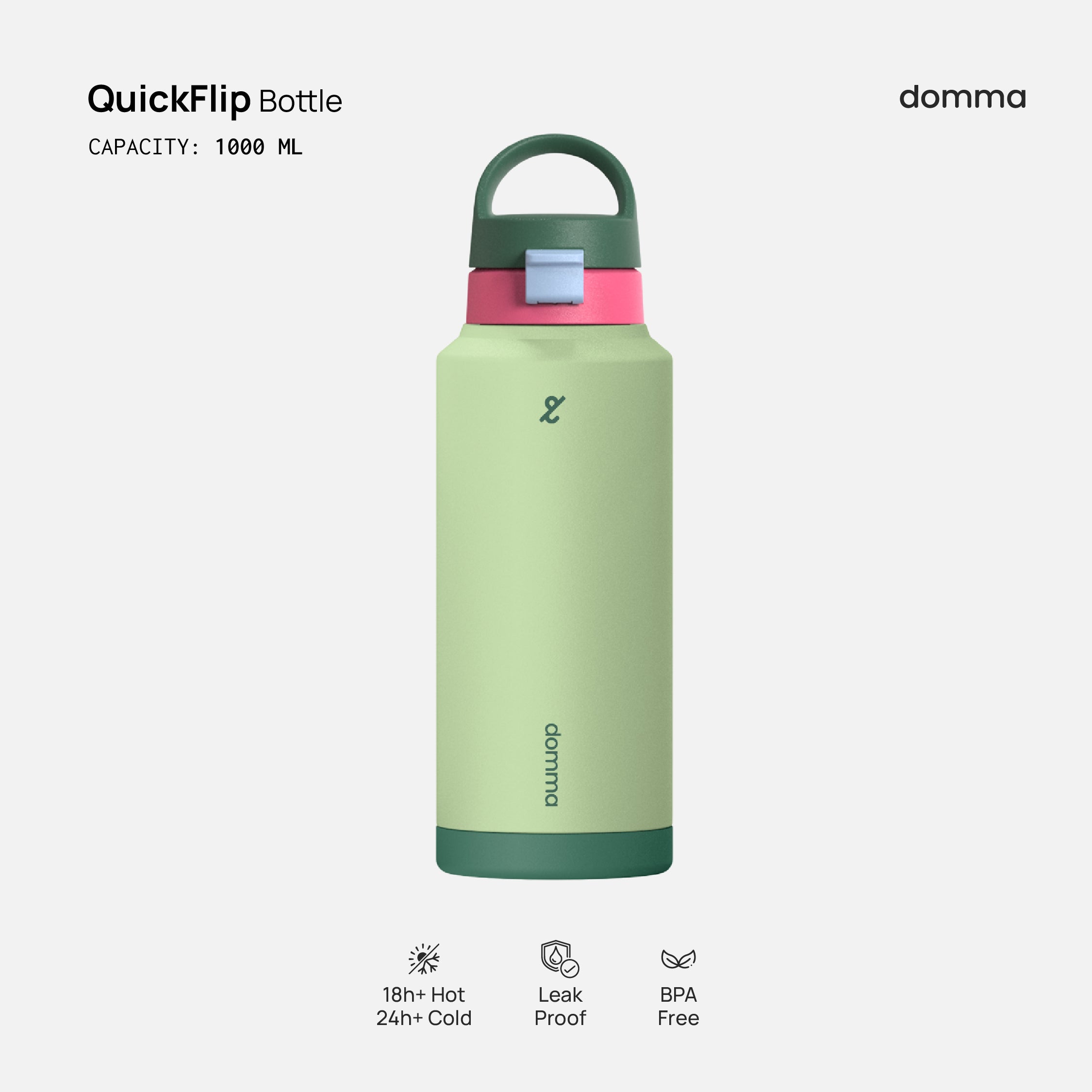 A green and pink Domma Quick Flip 1000ml water bottle with a flip-top lid, marked as BPA free and suitable for hot and cold beverages.
