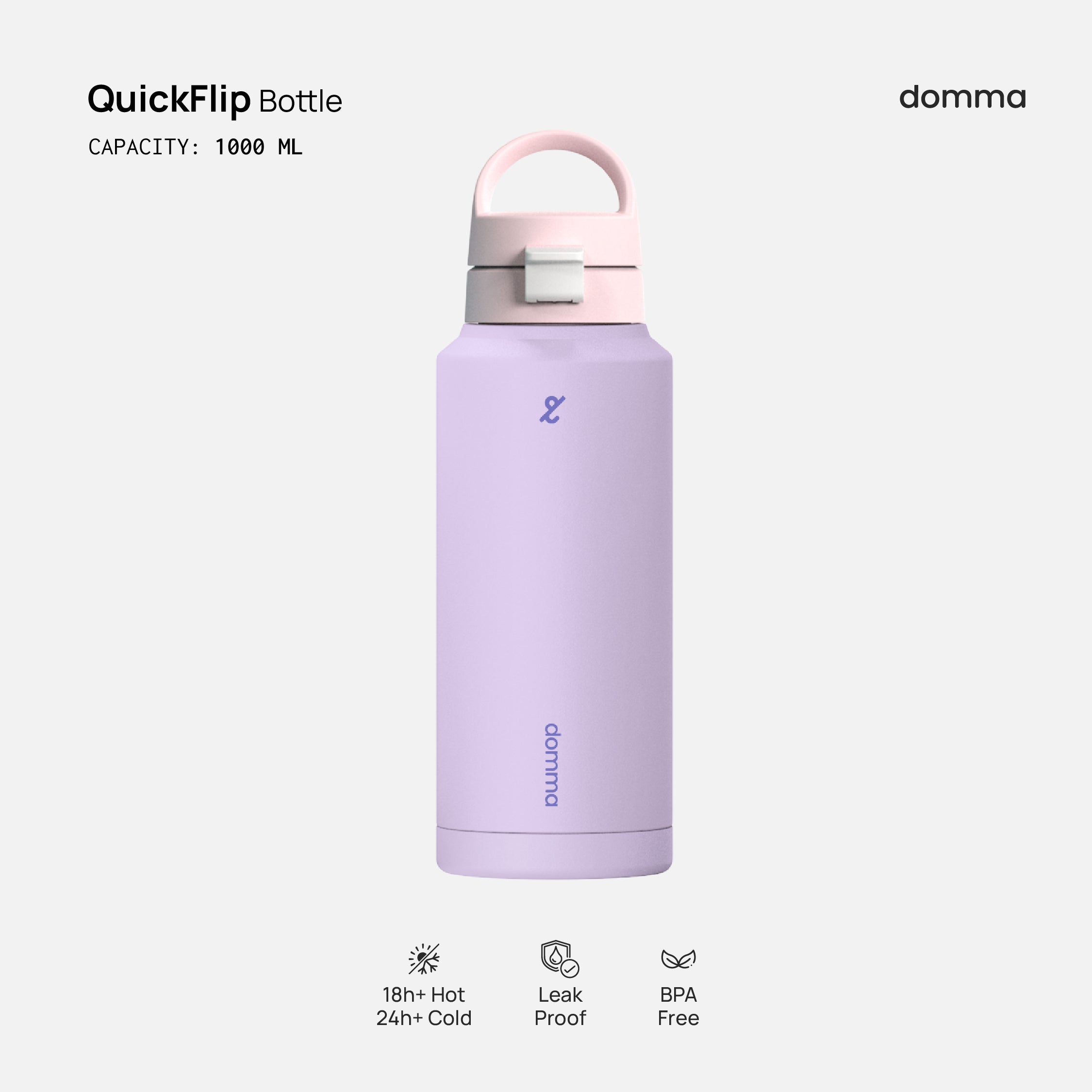 A purple and pink Domma Quick Flip 1000ml water bottle with a flip-top lid, marked as BPA free and suitable for hot and cold beverages.
