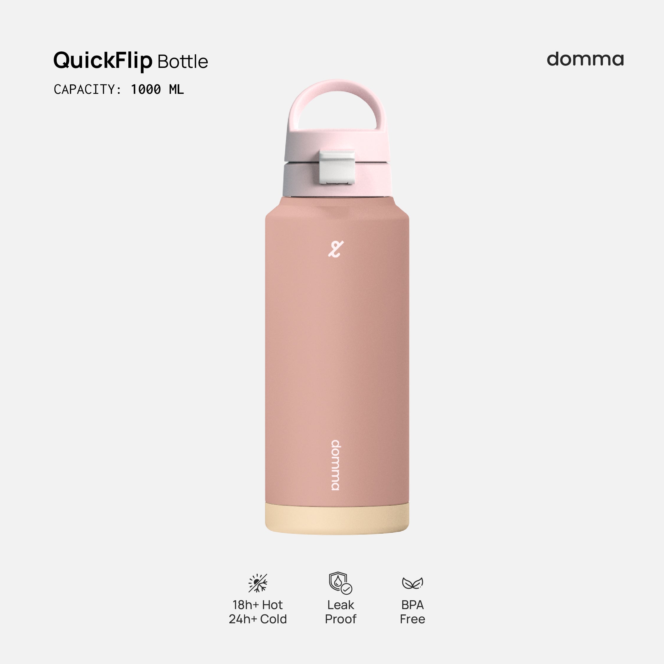 A beige and pink Domma Quick Flip 1000ml water bottle with a flip-top lid, marked as BPA free and suitable for hot and cold beverages.