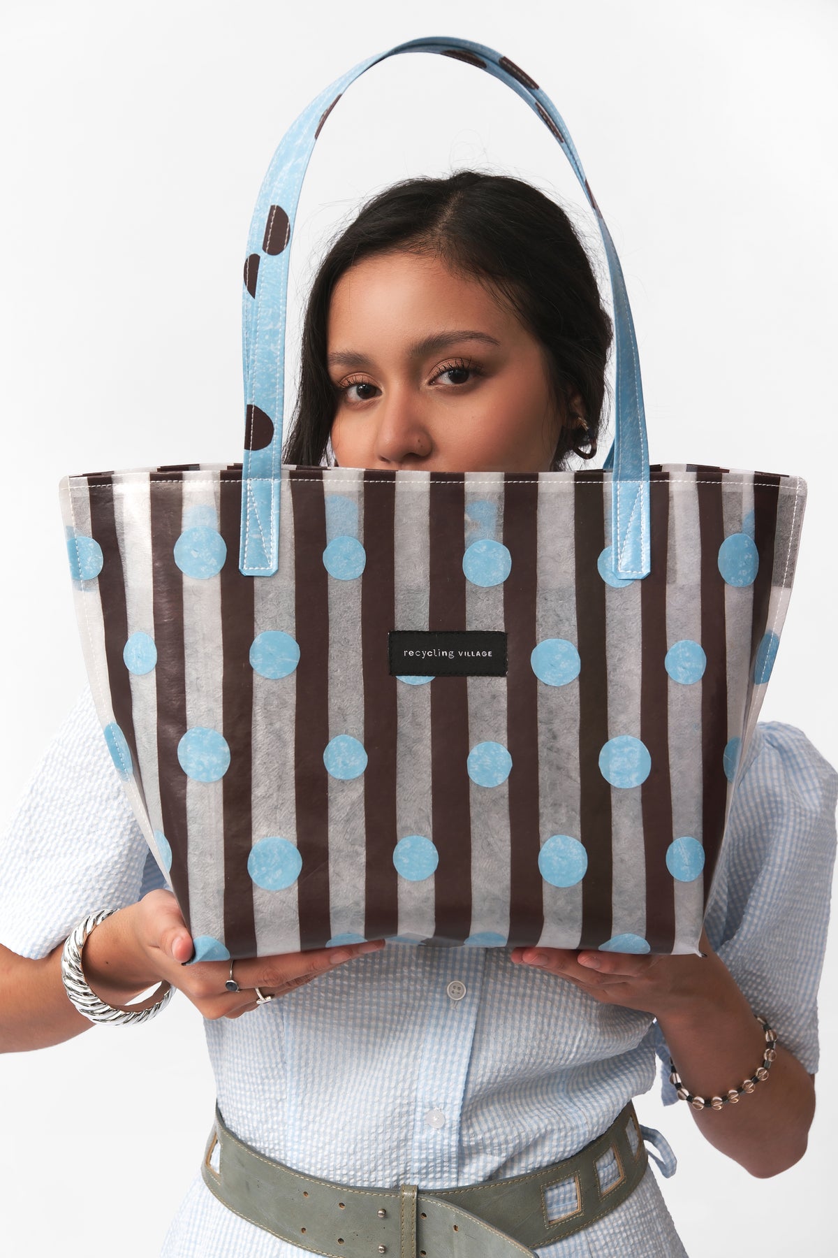 RV Polkastripe Tote Medium - Sky Blue/Brown - Recycling Village