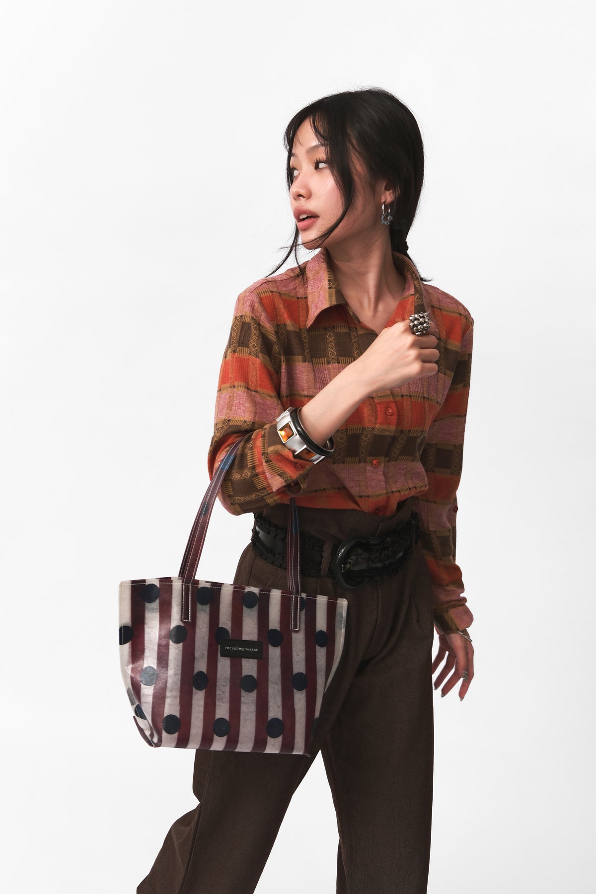 RV Polkastripe Tote Small - Plum/Navy - Recycling Village