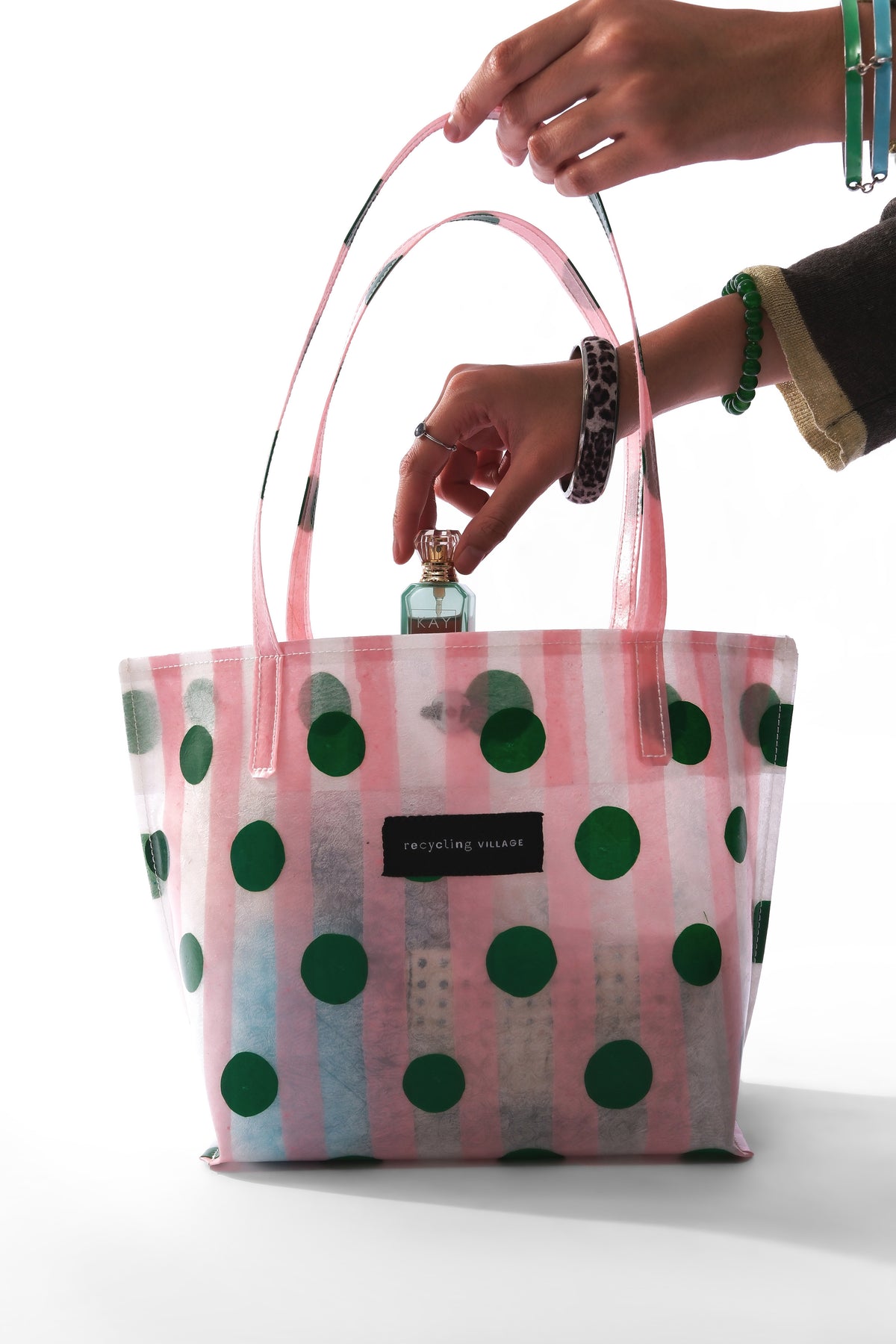 RV Polkastripe Tote Small - Pink/Green - Recycling Village