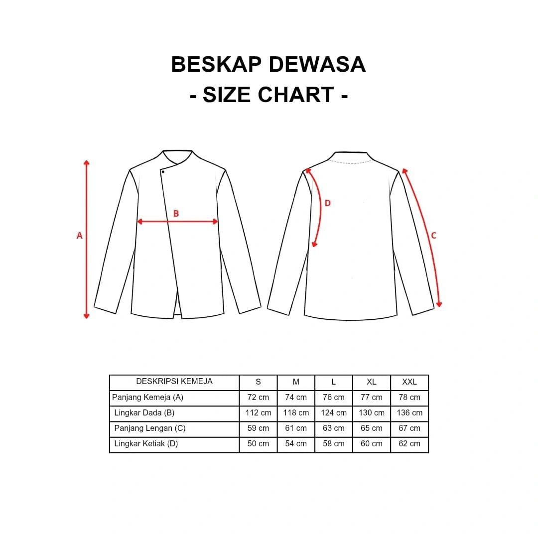 Size chart for Ranum Kemeja Beskap by Damakara with measurements in centimeters