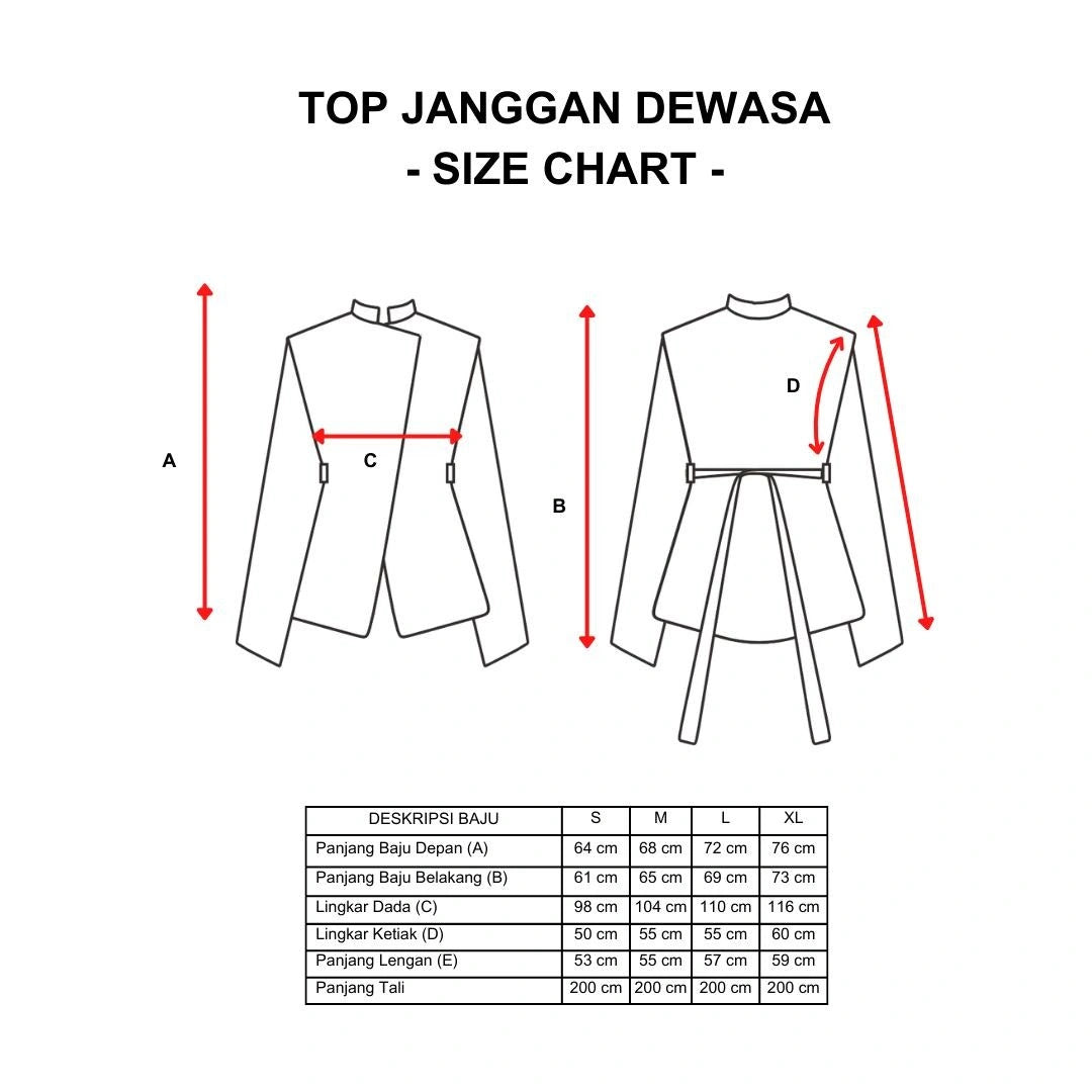 Size chart for Ranum Top Janggan by Damakara with measurements labeled on a white background