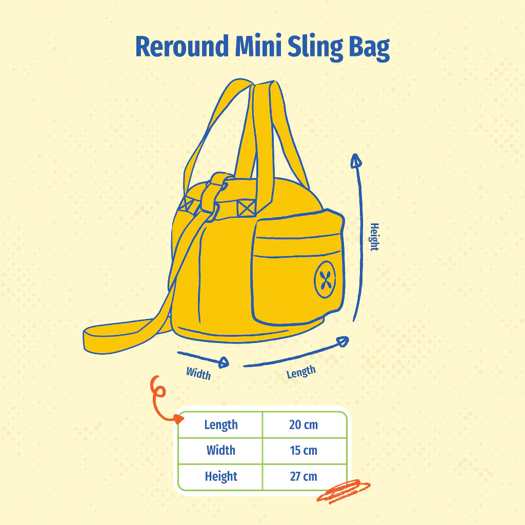 Yellow Reround Mini Sling Bag by Exsport Bag with measurements on a beige background