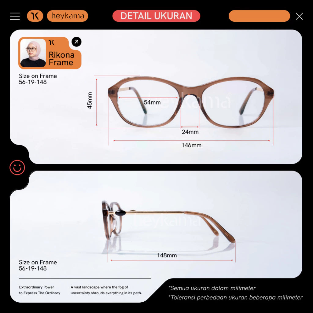 Rikona eyeglasses by Heykaman with size measurements on a white background