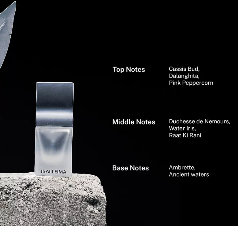 Saff n Co 'Irai Lema' perfume bottle on a stone block with fragrance notes on a black background