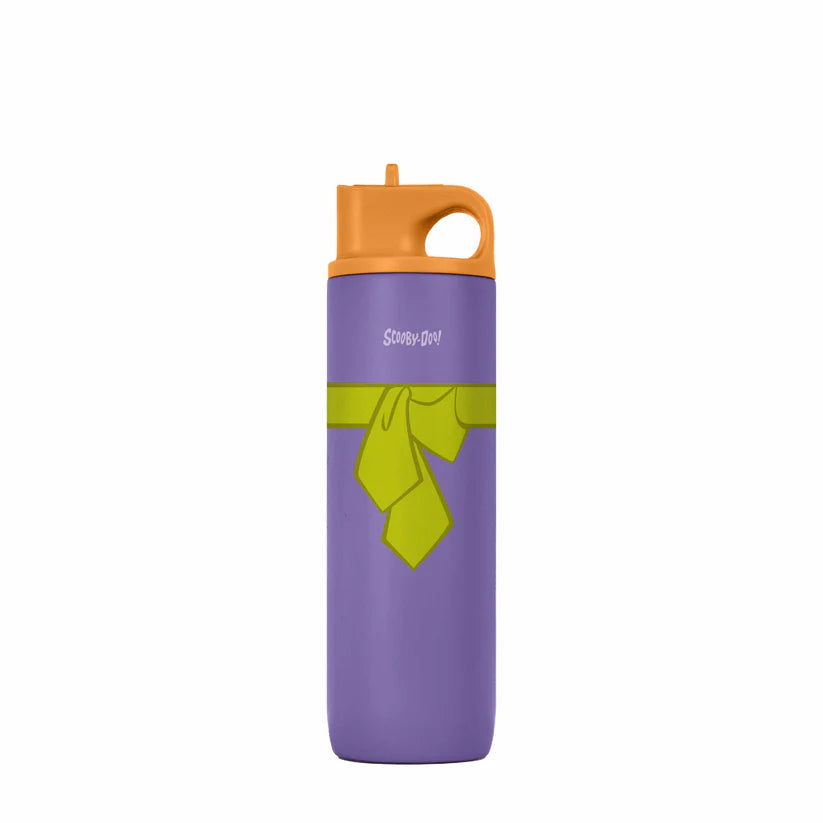 Scooby-Doo tumbler bottle in purple with green scarf graphic detail and an orange lid by Domma on a gray background.