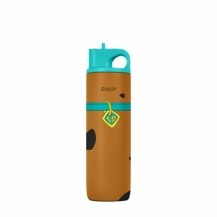 Scooby-Doo tumbler bottle in brown with black dot details and a light blue lid by Domma on a gray background.