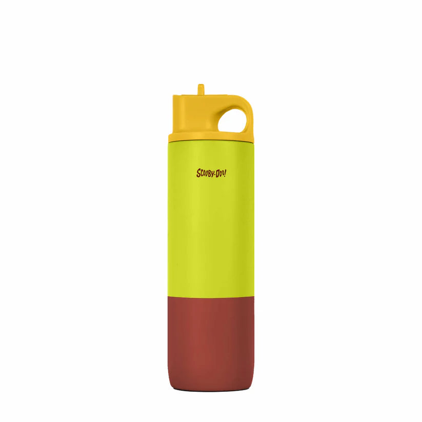 Scooby-Doo tumbler bottle in neon green and maroon with a yellow lid by Domma on a gray background.