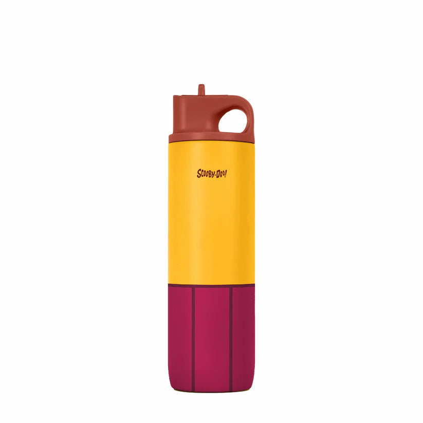 Scooby-Doo tumbler bottle in yellow and maroon with a orange lid by Domma on a gray background.