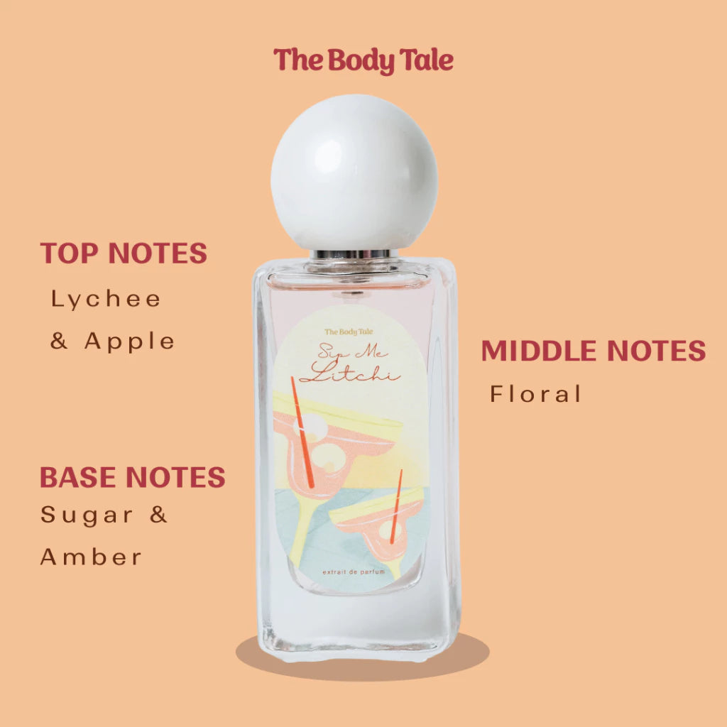 Sip Me Litchi Extrait De Parfum by The Body Tale – playful fruity floral perfume with lychee, apple, and sugar amber base.
