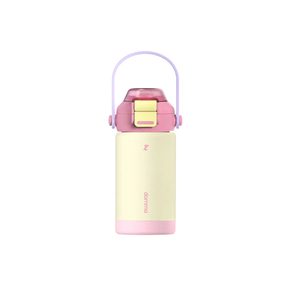 Pink and beige tumbler with a purple handle from Domma on a white background