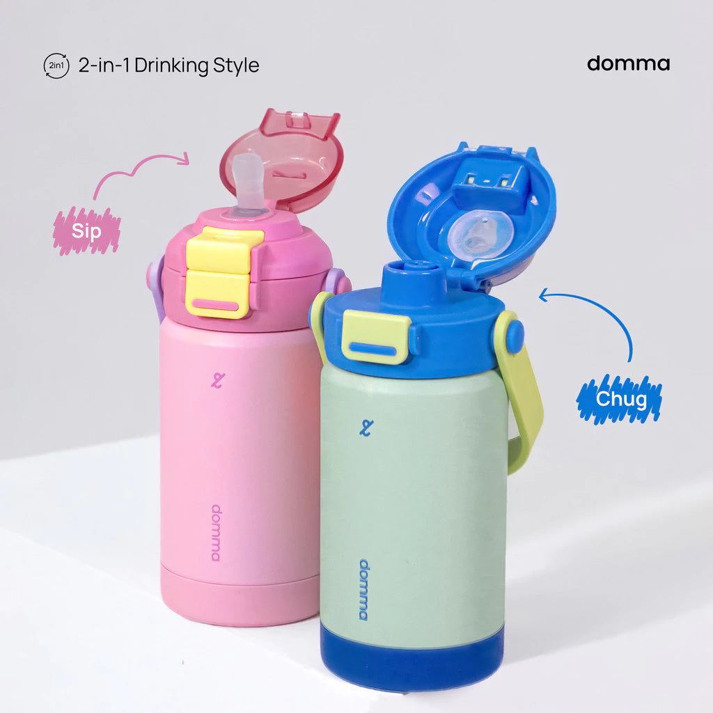 Two colorful water bottles with sippy and chug features on a white background, branded 'domma'.
