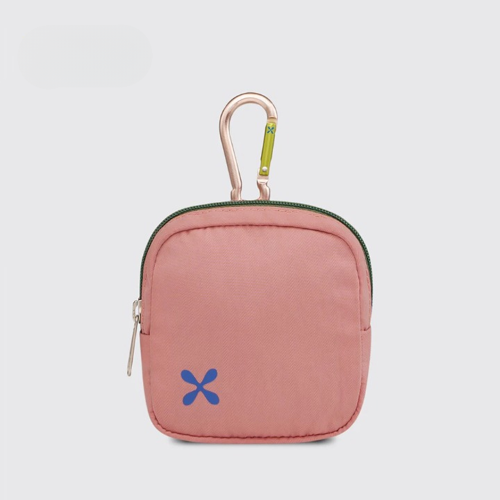 A square-shaped coin pouch with a carabiner clip in the middle, partially unzipped, with a small blue logo on the front. The pouch appears to be made of nylon and comes in a pink color.