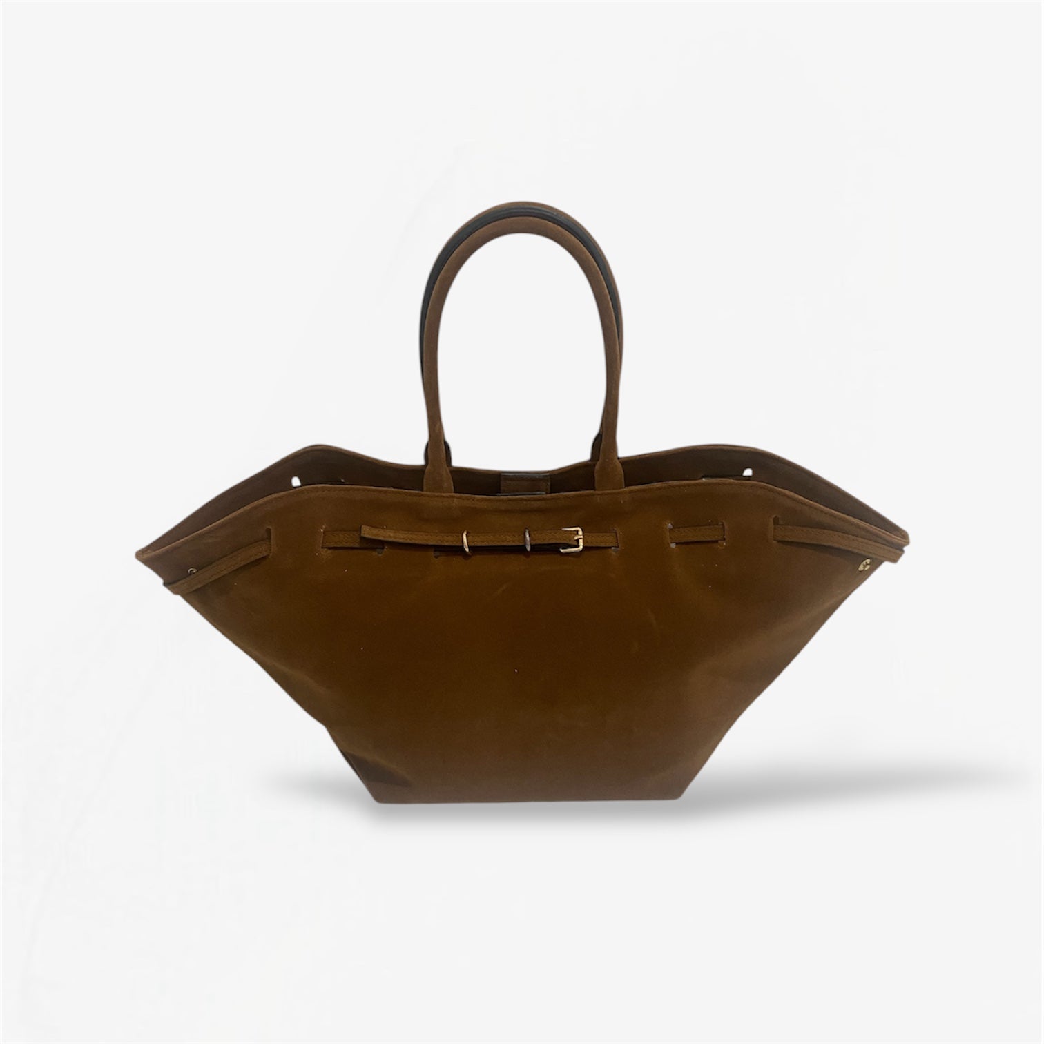 A brown suede shoulder bag with a simple design and two handles from Masagi.