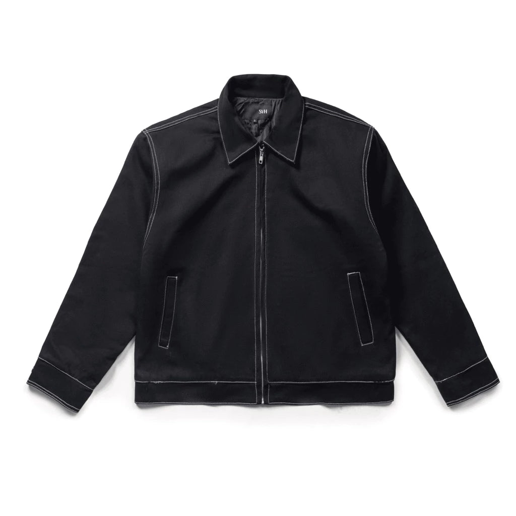 Black work jacket by SVH Official with white stitching on a white background