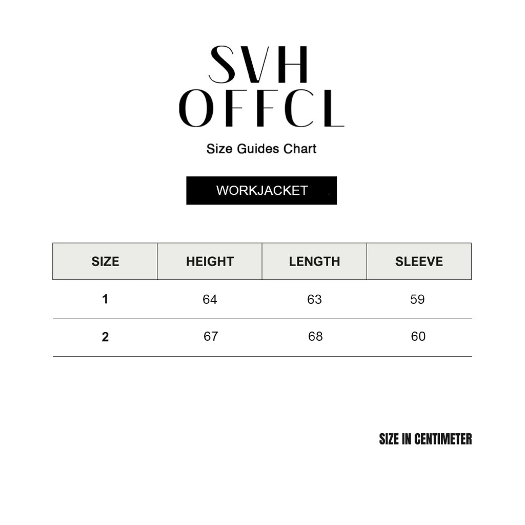 Size guide chart for work jackets by SVH OFFCL on a white background