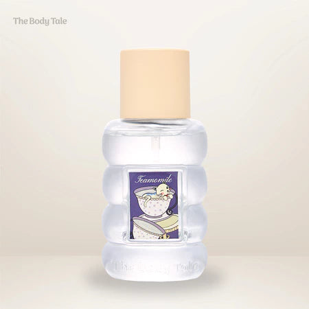 Teamomile perfume bottle by The Body Tale with beige cap on a light beige background