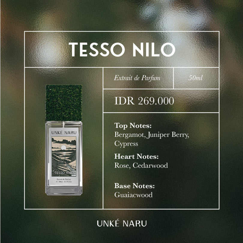 Tesso Nilo by UNKÉ NARU – 50ml extrait de parfum with woody, citrus, and earthy tones. Features bergamot, cedarwood, and guaiacwood notes. Priced at IDR 269,000. Bottle has a green textured cap and forest-inspired label design.
