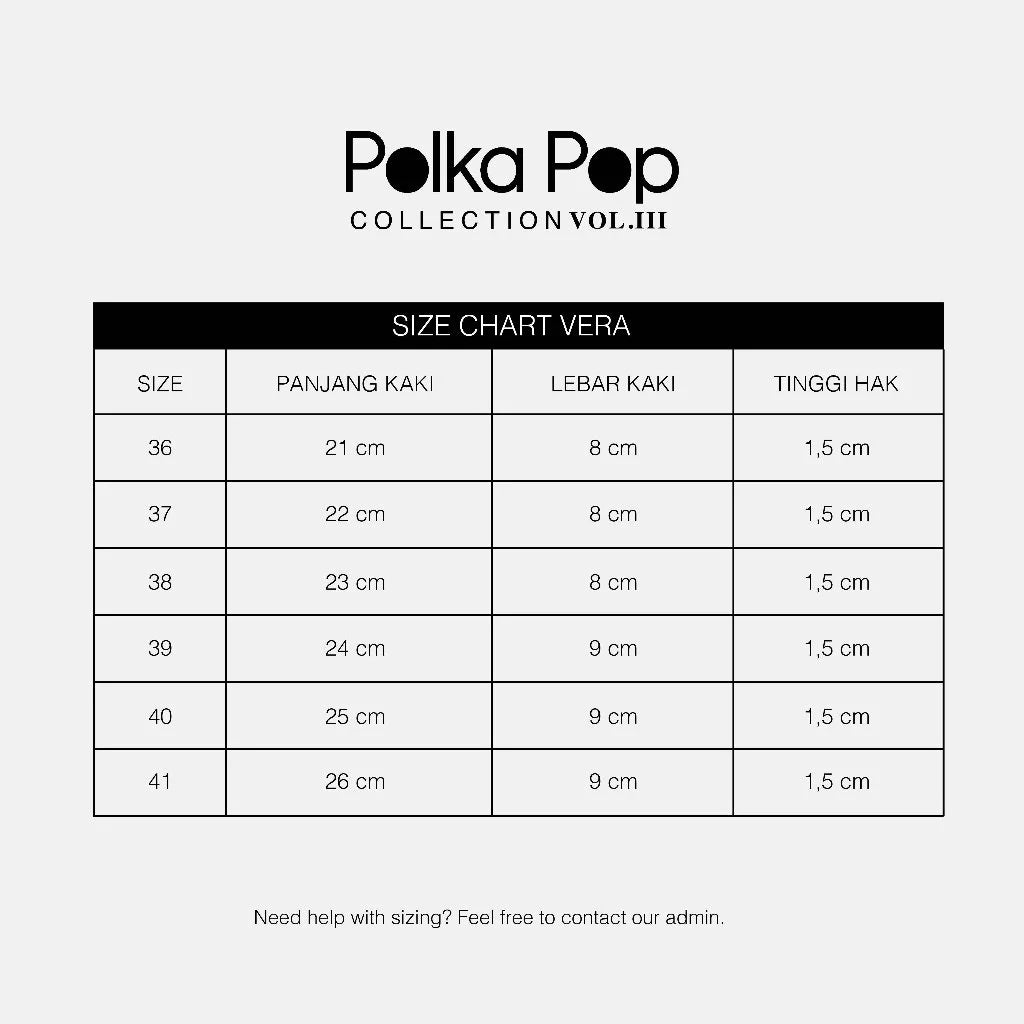 Size chart for Polka Pop Collection Vol. III shoes by Mar & Ma, showing measurements in centimeters for sizes 36 to 41, including width, heel height, and toe height, on a light gray background.