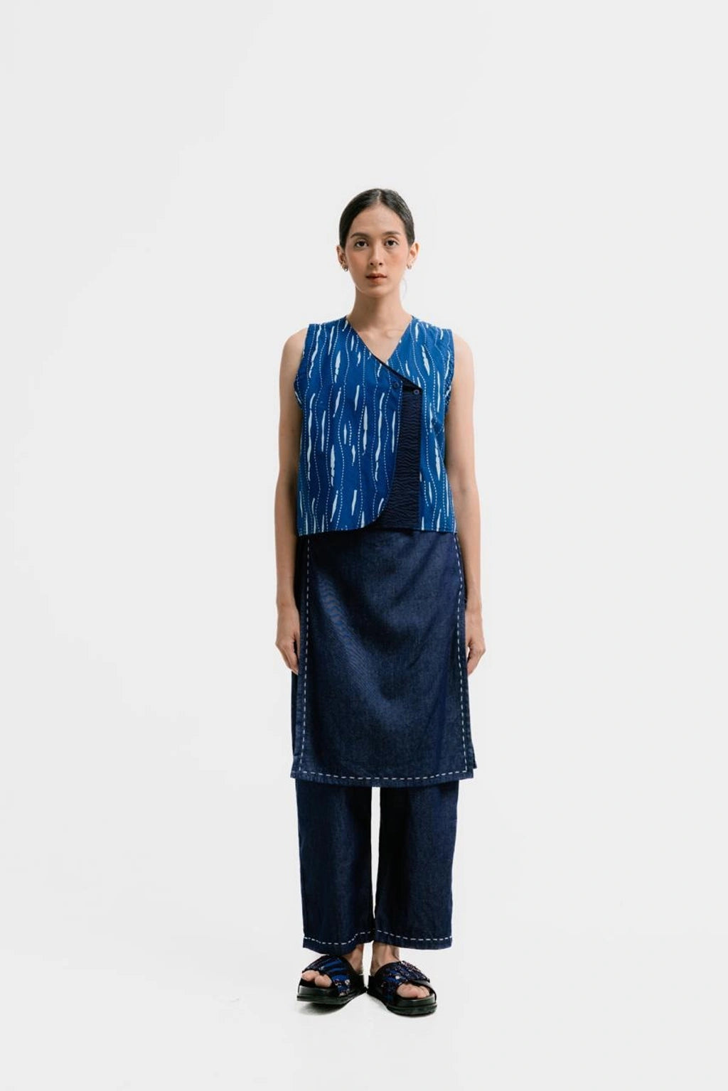 Basic Denim Sashiko Apron Pants - Damakara