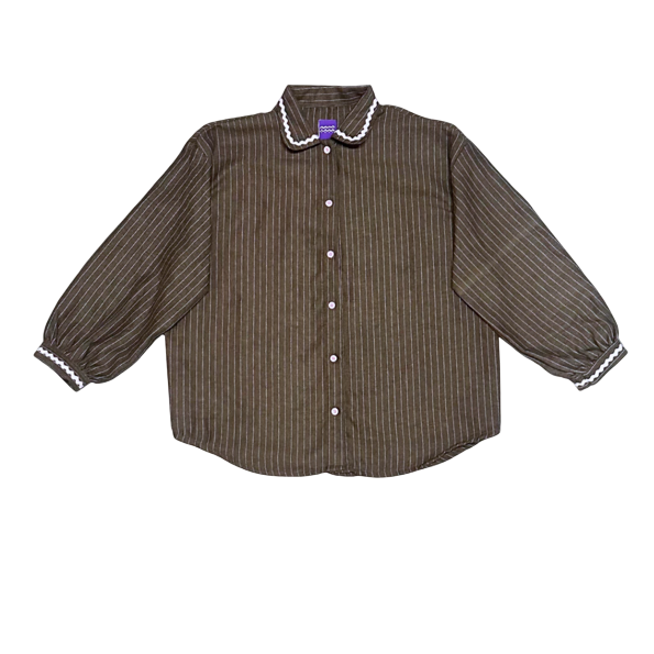 Brown striped shirt by Tuff Puff with white trim on a white background